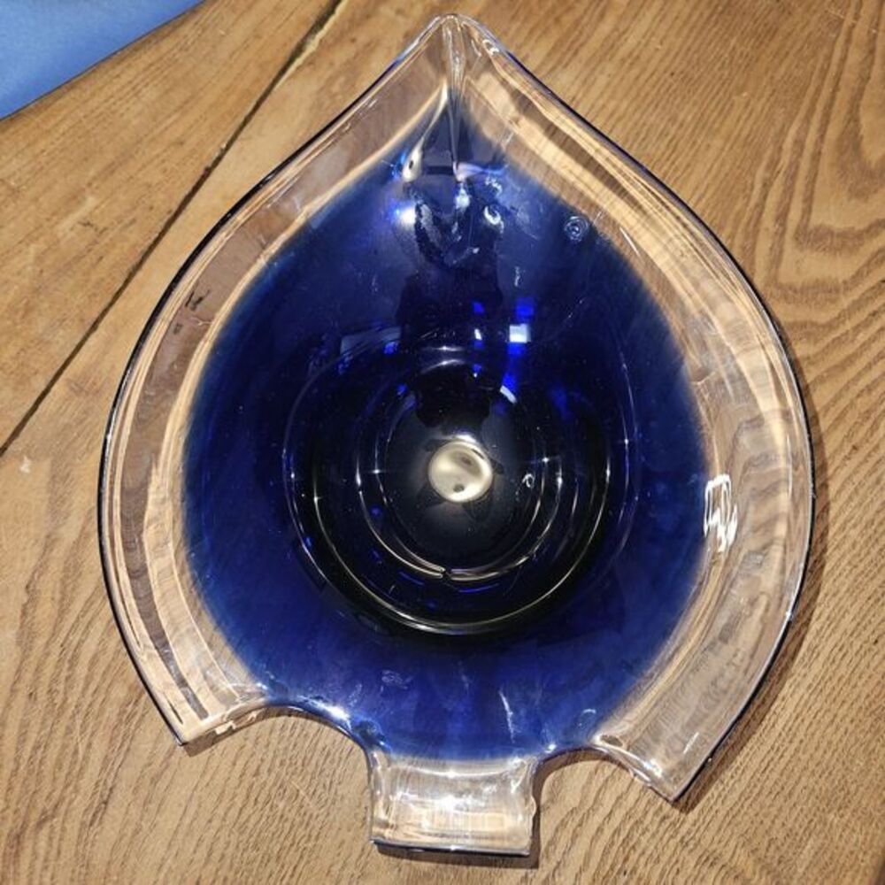 Blue And Clear Hand Blown Glass Spade Pontil‎ Mark Bowl